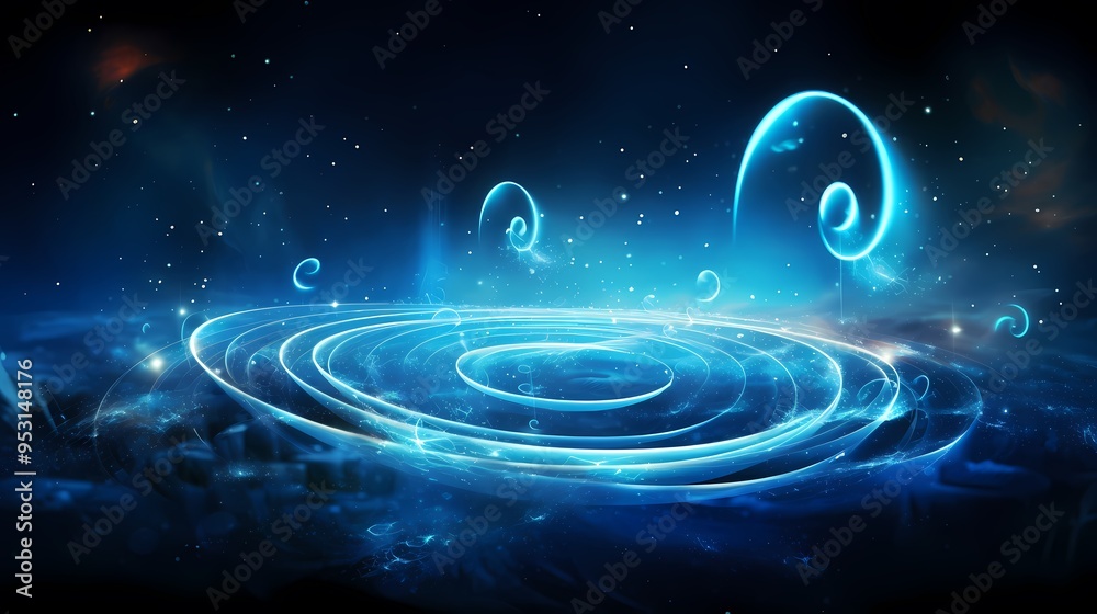 Fototapeta premium Radiant blue energy particles create mesmerizing rings centered in a futuristic digital design.