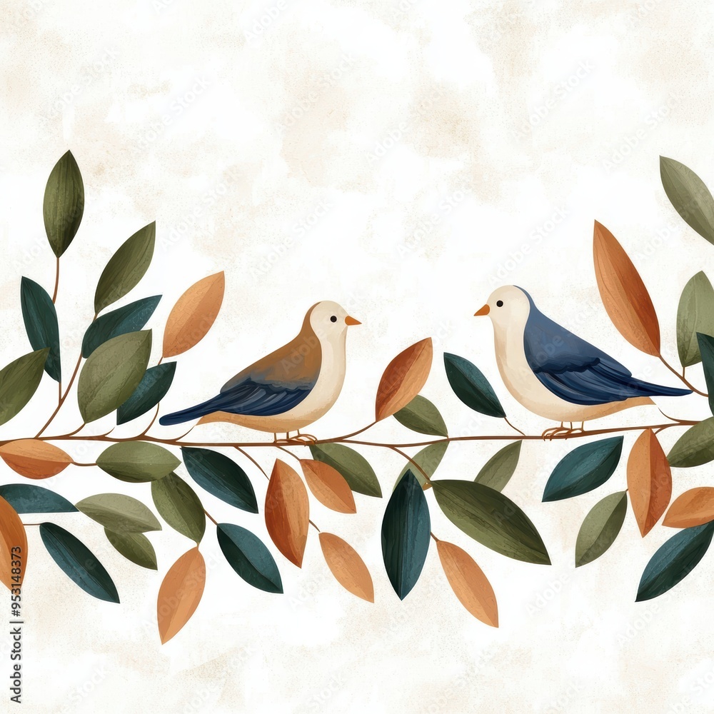 Two hand-drawn birds perched on a branch surrounded by colorful leaves, perfect for nature-inspired designs.