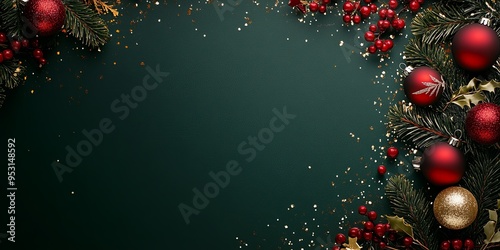 Christmas Cheer on Emerald Green: A festive frame of red and gold ornaments, pine branches, and sparkling confetti awaits your holiday message on a luxurious green backdrop.