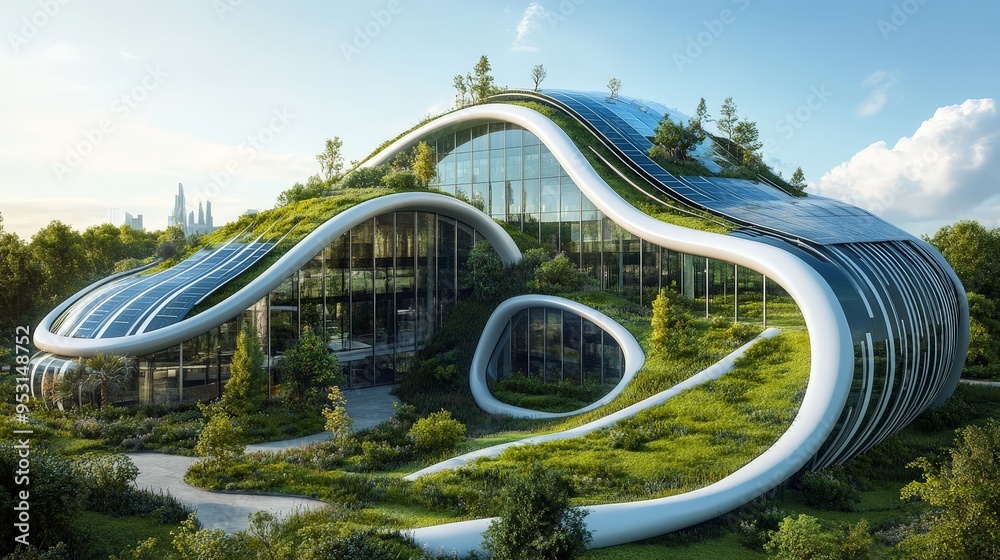 Fototapeta premium Design a futuristic building with innovative design elements such as a curved glass exterior, green rooftops, and integrated solar panels