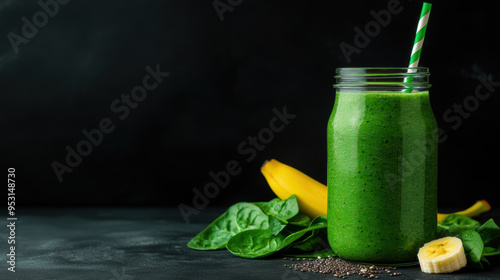 Freshly blended green smoothie with spinach, banana, and chia seeds, nutrientpacked drink, brain health benefits photo