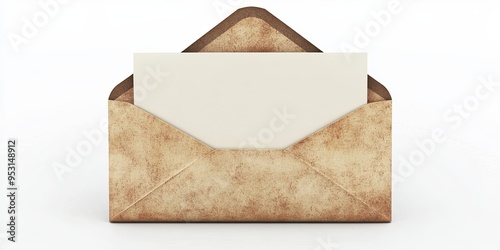 a realistic retro envelope, Victorian style, well preserved as in a museum, open to reveal blank paper, realistic white paper texture, slightly vintage, white background  photo