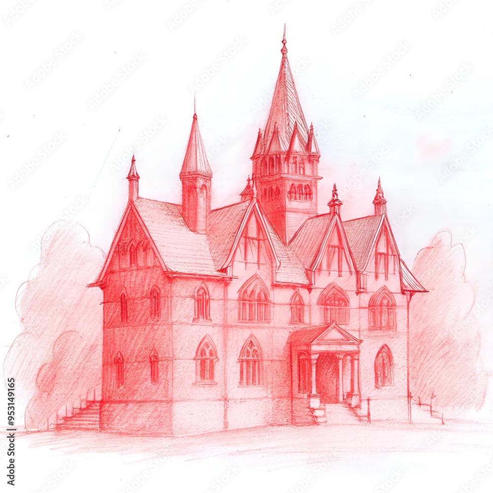 Red Gothic House pencil sketch Red Gothic House pencil sketch