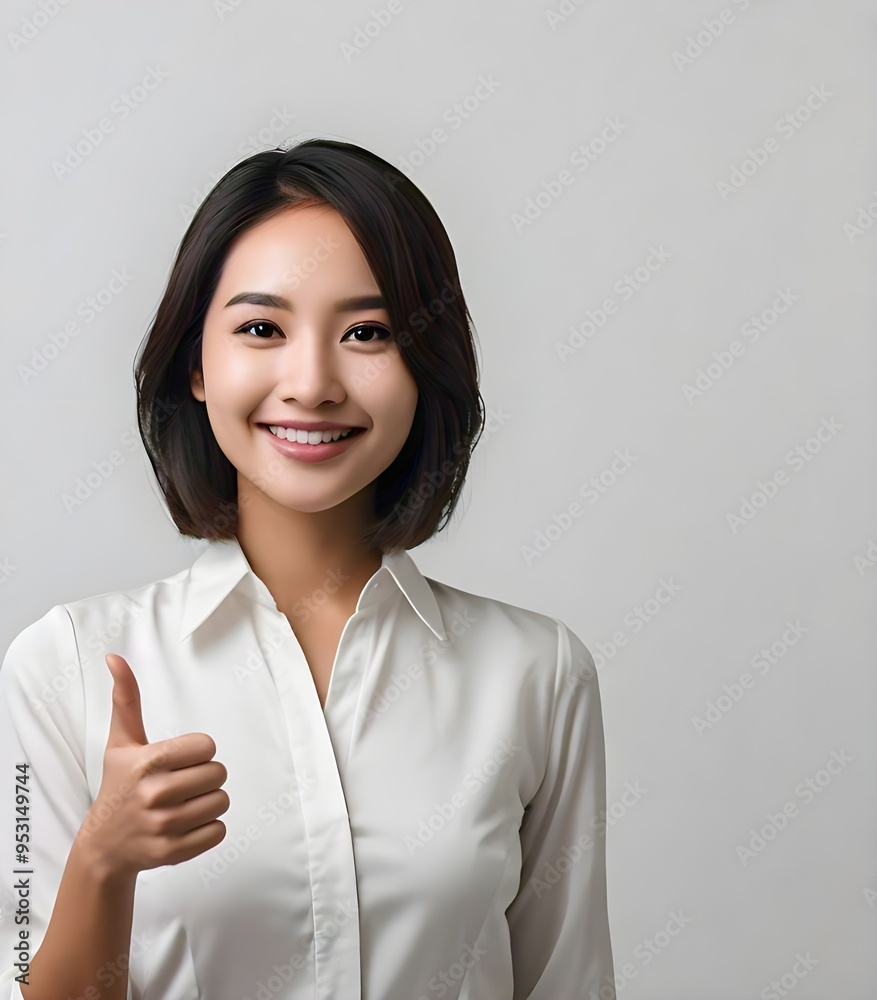 smiling businesswoman pointing thumb at copy space over white background smiling businesswoman pointing thumb at copy space over white background