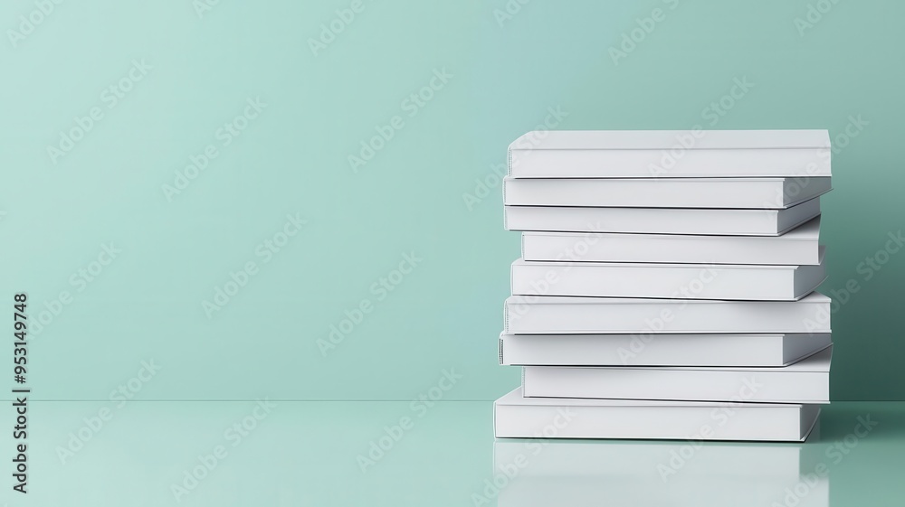 Plain Notebook Stack Stack of blank notebooks with varying sizes, placed on a reflective ...