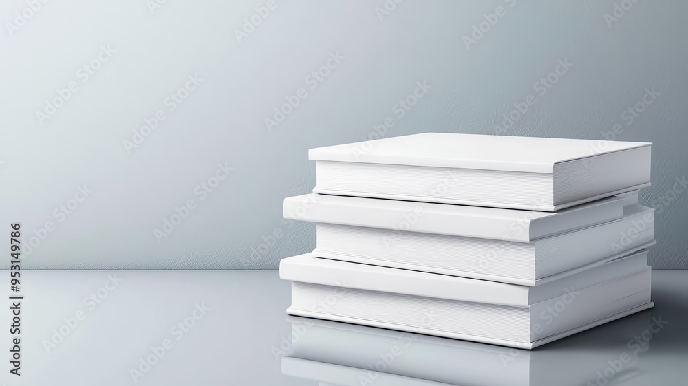 Stack of blank notebooks with varying sizes, placed on a reflective surface, showing cover and page details, blank notebook mockup, stationery variety Stack of blank notebooks with varying sizes, placed on a reflective surface, showing cover and page details, blank notebook mockup, stationery variety