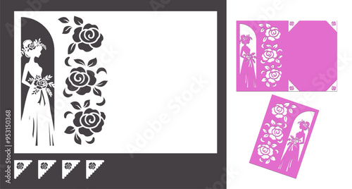 Cut out wedding invitation or card with bride and roses. Cut out and fold the paper