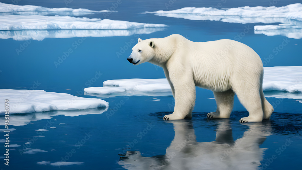 A polar bear standing on ice in the Arctic Ocean, with its reflection visible in the water below. AI A polar bear standing on ice in the Arctic Ocean, with its reflection visible in the water below. AI