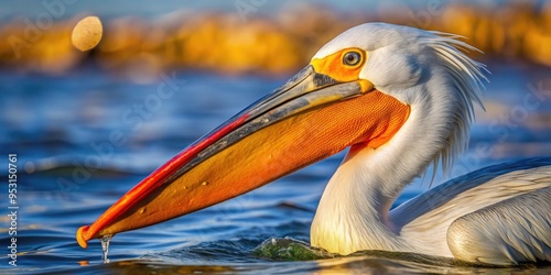 A Close-Up Of A Pelican'S Beak With An Orange Throat Pouch In The Shallow Water Of A Coastal Estuary photo