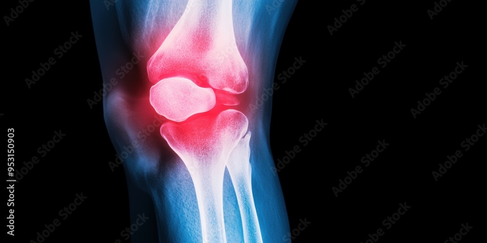 X-ray view of a knee with ligament tear, highlighting pain areas, anatomically correct medical illustration X-ray view of a knee with ligament tear, highlighting pain areas, anatomically correct medical illustration