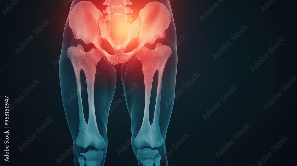 X-ray view of a pelvis with osteoarthritis, highlighting pain areas and bone degradation, medical illustration X-ray view of a pelvis with osteoarthritis, highlighting pain areas and bone degradation, medical illustration