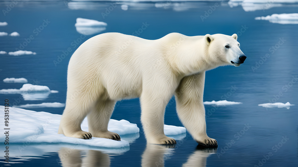 A polar bear standing on ice in the Arctic Ocean, with its reflection visible in the water below. AI A polar bear standing on ice in the Arctic Ocean, with its reflection visible in the water below. AI