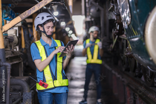 Engineer checking construction process railway and checking work on railroad station . Railway engineer checking machines in train station. Train engineer concept