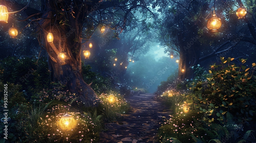 Enchanting Forest Path with Lanterns at Night Enchanting Forest Path with Lanterns at Night