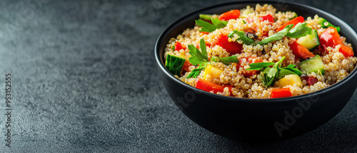 Bowl of quinoa salad with mixed vegetables and a sprinkle of seeds, nutrientdense brain food, wholesome meal photo