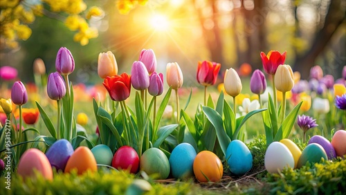 Fototapeta Naklejka Na Ścianę i Meble -  Easter eggs hidden among vibrant tulips in a spring garden