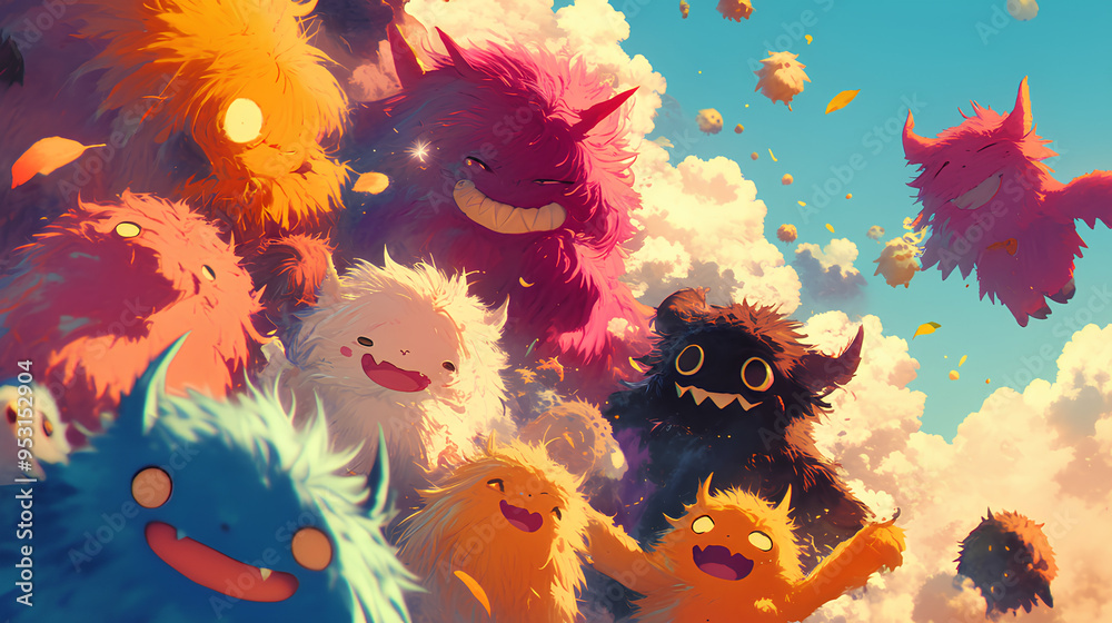 © Adja Atmaja - cute round furry monster full of color, happy and enthusiastic, Anime style