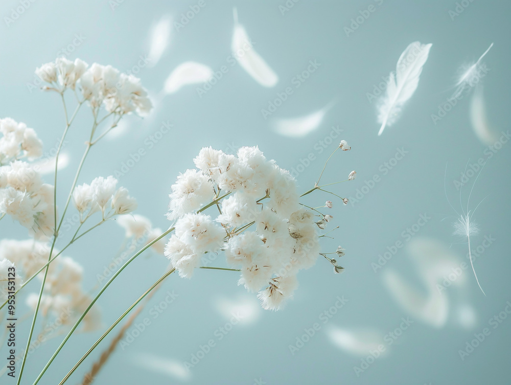  Ethereal white floral arrangement with dried grasses and feathers against a light blue background, exuding a delicate and soft high-definition aesthetic.