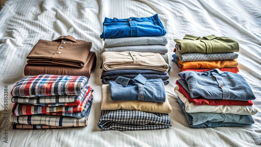 Assorted cloths organized on a bed with folded sheet Assorted cloths organized on a bed with folded sheet