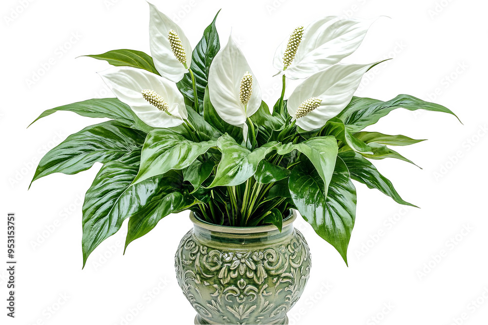 A vibrant peace lily plant in a green ceramic pot. A vibrant peace lily plant in a green ceramic pot.