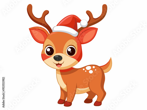 reindeer with Santa hat. A funny cartoon Christmas baby reindeer wearing a Santa Claus hat, smiling with a joyful expression.