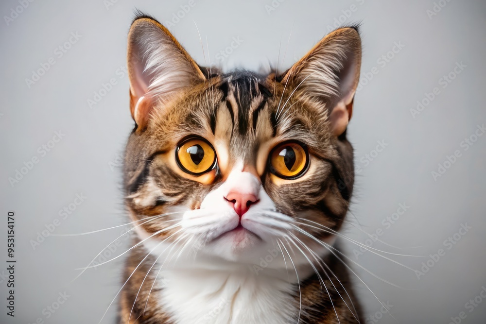 Adorable close-up portrait of a curious American Wirehair cat with a unique facial expression, showcasing its wiry coat and bright, inquisitive eyes. Adorable close-up portrait of a curious American Wirehair cat with a unique facial expression, showcasing its wiry coat and bright, inquisitive eyes.