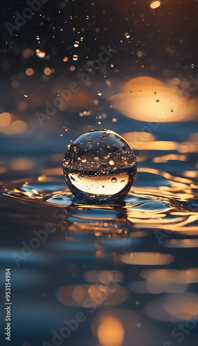 A close-up of a water droplet on the surface of water, reflecting light. The background features soft bokeh effects with warm golden tones, creating a serene and tranquil atmosphere.