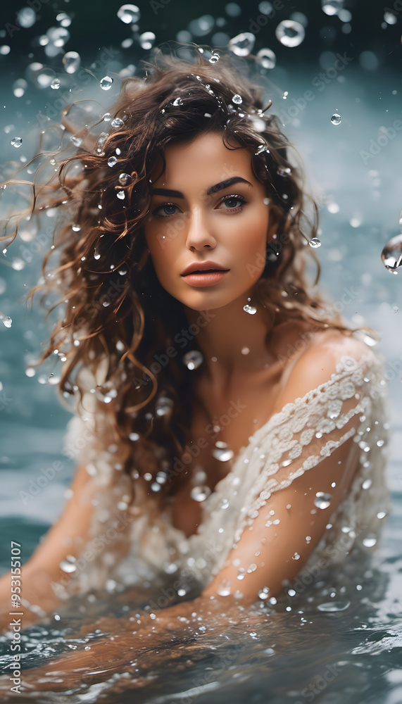 Obraz premium A woman with curly hair is partially submerged in water, surrounded by droplets. She has a serene expression and is wearing a light, lacy top. The background is blurred, creating a dreamy atmosphere.