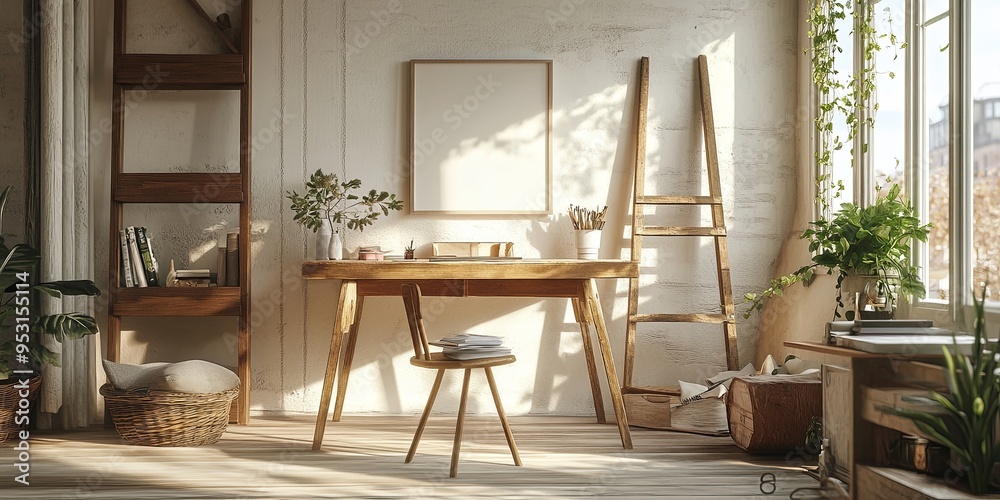 Fototapeta premium Sun-Drenched Minimalism: A serene home office bathed in golden light, featuring a wooden desk, ladder shelf, and lush plants. 