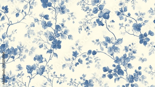 A classic North American wallpaper with a repeating pattern of delicate floral vines in shades of blue and white on a soft cream background. The floral design is concentrated along the top and bottom