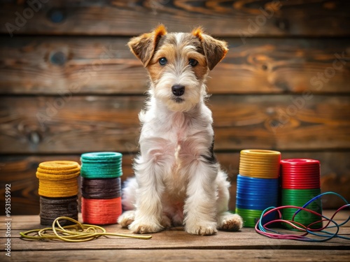 Adorable wire fox terrier puppy sitting on a wooden table surrounded by colorful wire coils, showcasing curiosity and playful personality in a creative setup. photo