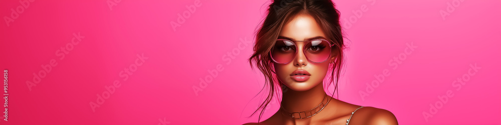 A glamorous model with pink sunglasses poses against a vibrant pink background, perfect for summer fashion marketing. A glamorous model with pink sunglasses poses against a vibrant pink background, perfect for summer fashion marketing.
