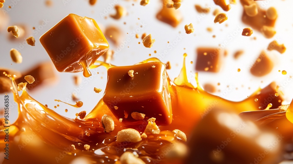 Delicious caramel cubes splashing in a rich, golden syrup with crushed peanuts scattering around. Delicious caramel cubes splashing in a rich, golden syrup with crushed peanuts scattering around.