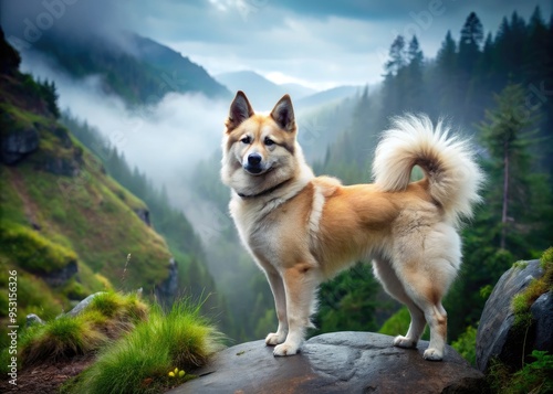 A fluffy Norwegian Buhund dog with erect ears and curled tail poses on a rocky mountain trail, surrounded by lush greenery and morning fog. photo