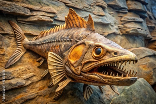 A fossilized Xiphactinus, an ancient predatory fish with massive jaws, lies exposed in a rocky shale outcropping, revealing its prehistoric grandeur in stunning detail. photo