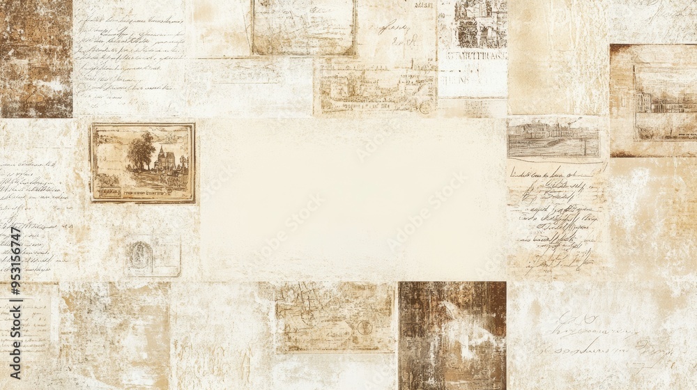 A richly detailed North American wallpaper with a repeating pattern of vintage postcards in shades of brown and beige on a cream background. The design is concentrated along the edges, leaving a