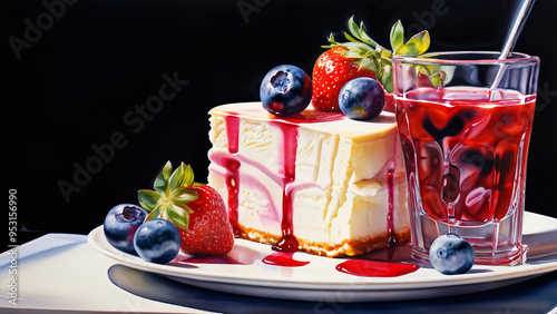 Delightful Watercolor Painting: Cheesecake Slice with Berries. Admire this charming watercolor masterpiece of a decadent cheesecake slice adorned with fresh strawberries, blueberries, and raspberries. photo