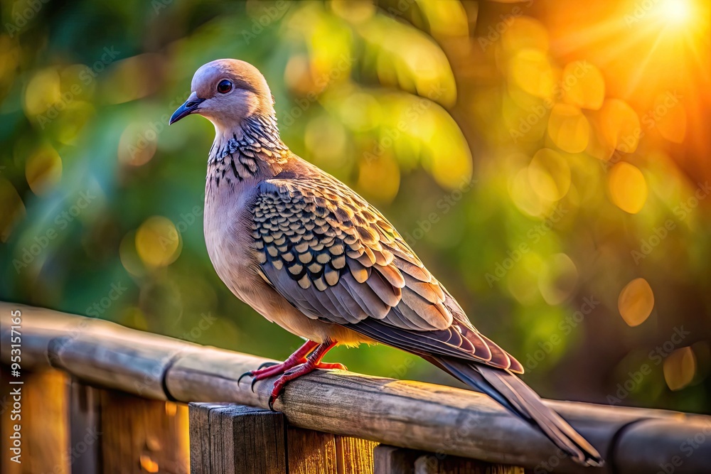 A gentle spotted dove perches on a rustic wooden fence, its soft brown feathers and black neck spots glisten in warm golden afternoon sunlight. A gentle spotted dove perches on a rustic wooden fence, its soft brown feathers and black neck spots glisten in warm golden afternoon sunlight.