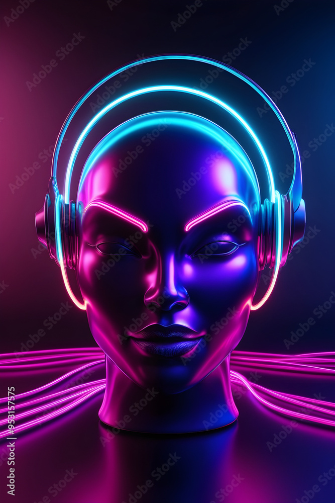 Futuristic 3D Holographic Neon Artwork of a Face with Headphones, Front Perspective Futuristic 3D Holographic Neon Artwork of a Face with Headphones, Front Perspective
