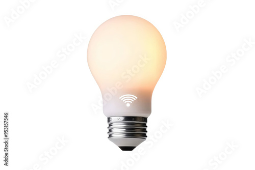 A white light bulb with a wireless symbol on it, emitting a warm white light against a white transparent background.