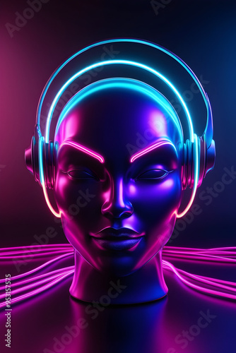Futuristic 3D Holographic Neon Artwork of a Face with Headphones, Front Perspective