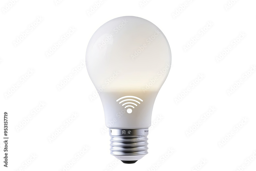 A white smart light bulb with a wifi symbol on it, isolated on a white transparent background. A white smart light bulb with a wifi symbol on it, isolated on a white transparent background.