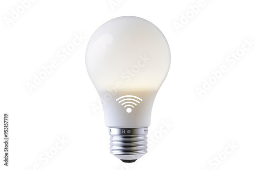 A white smart light bulb with a wifi symbol on it, isolated on a white transparent background.