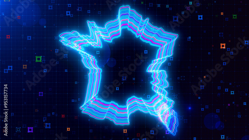 A vibrant digital artwork of France map outlined with neon lines, set against a futuristic grid background with colorful abstract HUD squares.