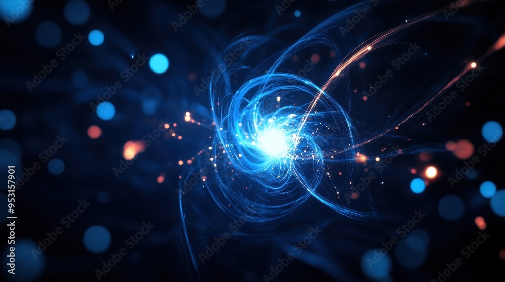 Obraz premium Abstract visualization of a glowing blue energy field or nebula with dynamic swirls and particles against a dark background.