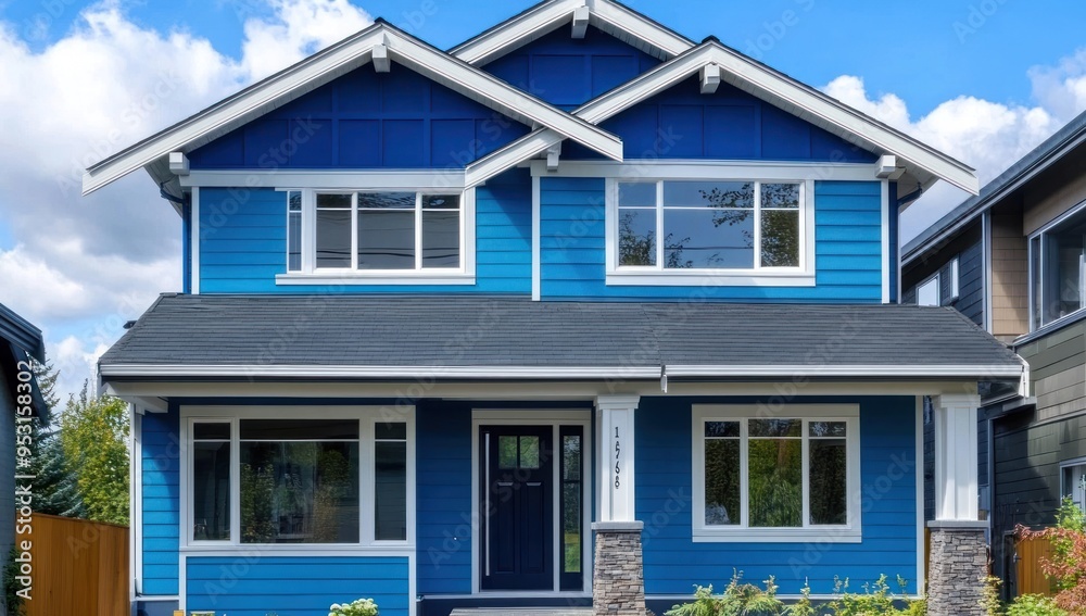 A bright blue house with white trim, showcasing the perfect color combination A bright blue house with white trim, showcasing the perfect color combination