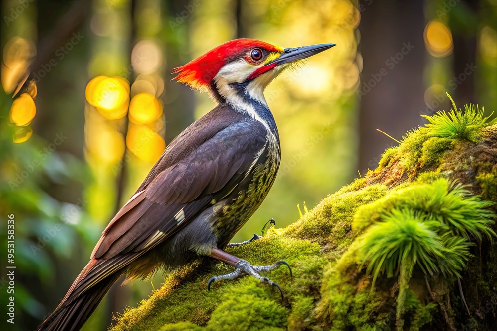 A large, majestic Pileated Woodpecker perches on a moss-covered tree trunk, its bright red crest and black-and-white feathers gleaming in the forest sunlight. A large, majestic Pileated Woodpecker perches on a moss-covered tree trunk, its bright red crest and black-and-white feathers gleaming in the forest sunlight.