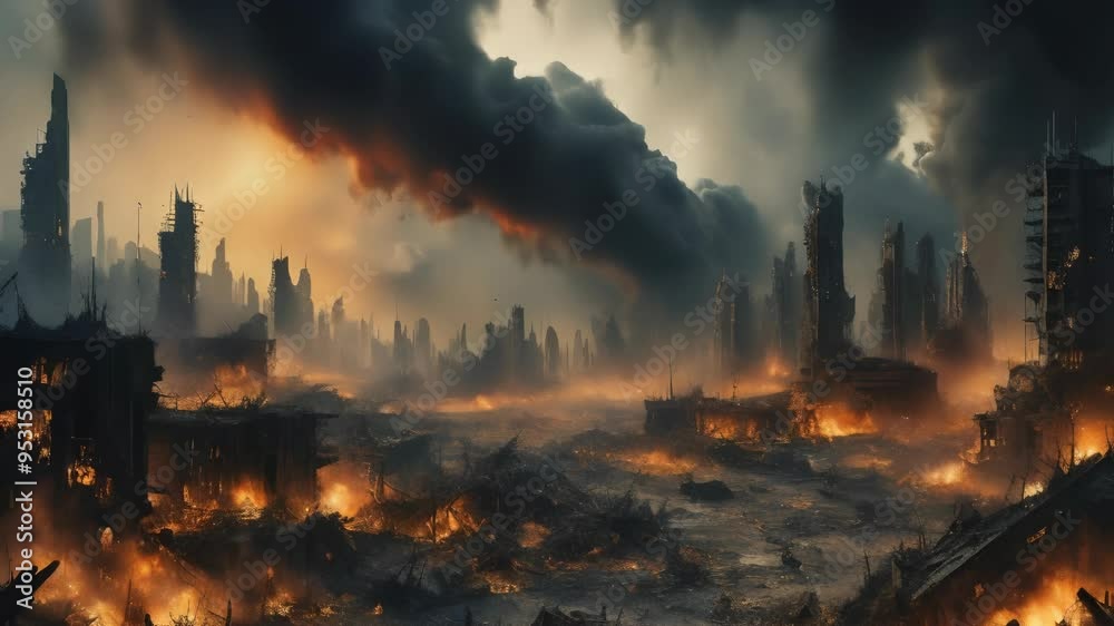 Post-Apocalyptic Cityscape with Fire and Smoke Post-Apocalyptic Cityscape with Fire and Smoke