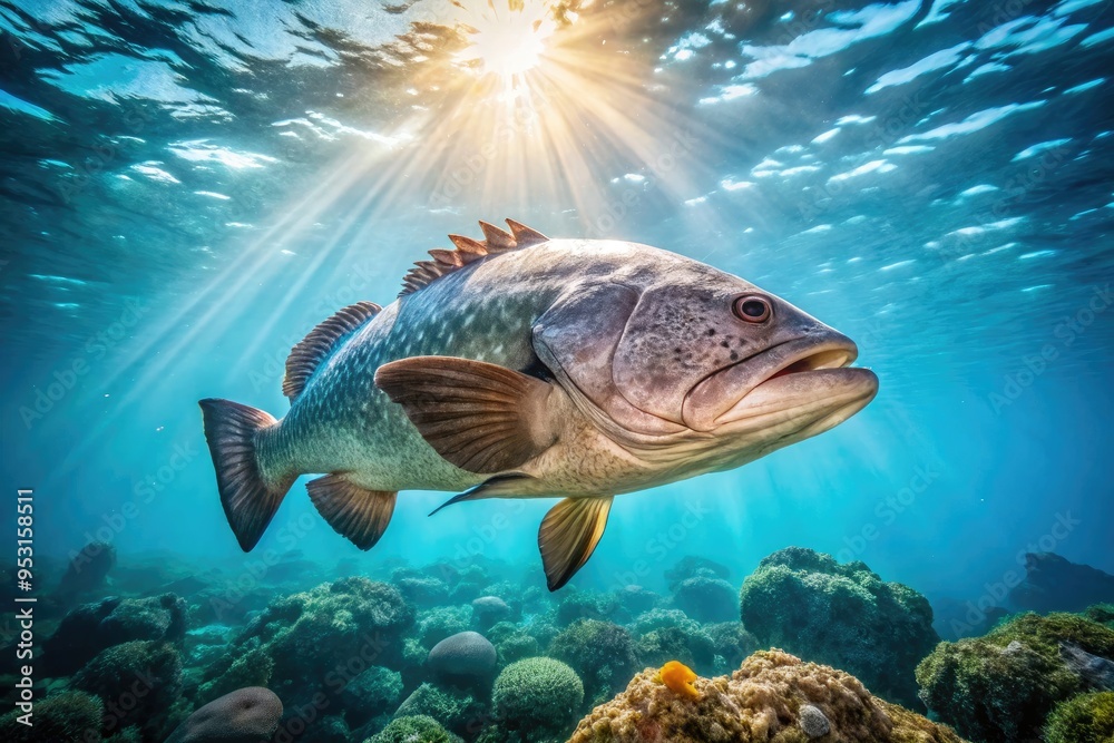 A large, silver-colored grouper fish swims in crystal-clear tropical waters, its distinctive body shape and subtle pattern illuminated by warm sunlight filtering down from above. A large, silver-colored grouper fish swims in crystal-clear tropical waters, its distinctive body shape and subtle pattern illuminated by warm sunlight filtering down from above.