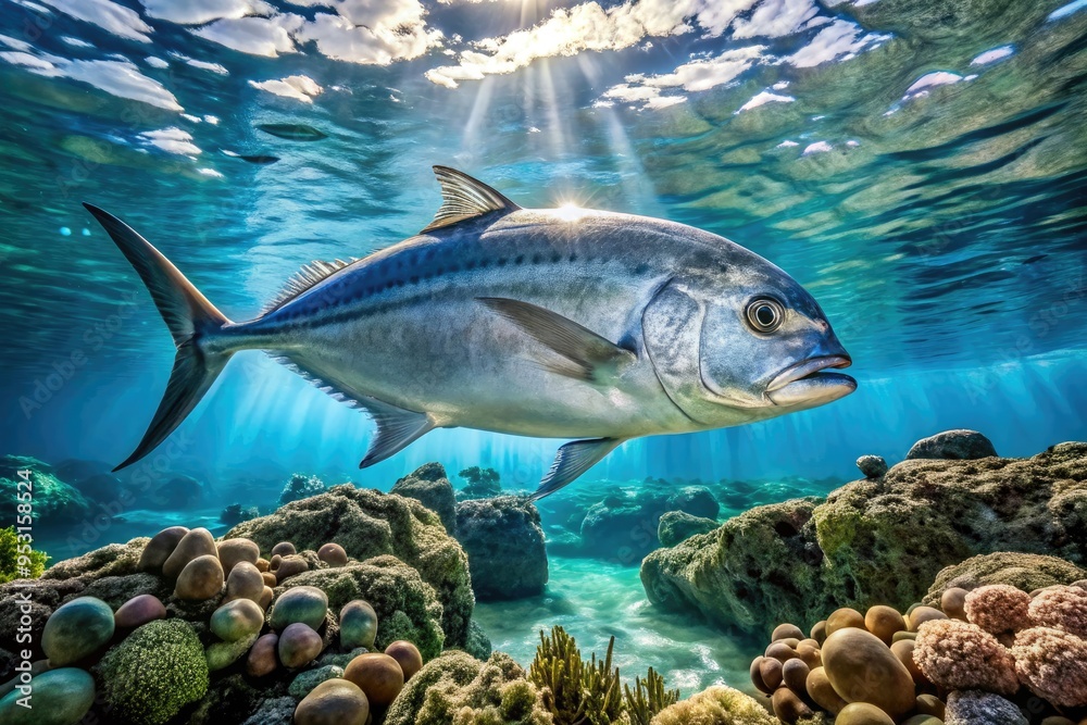 A large, silver-colored giant trevally fish swims in the crystal-clear waters of a coral reef, its distinctive shape and stripes visible in the sunlight. A large, silver-colored giant trevally fish swims in the crystal-clear waters of a coral reef, its distinctive shape and stripes visible in the sunlight.